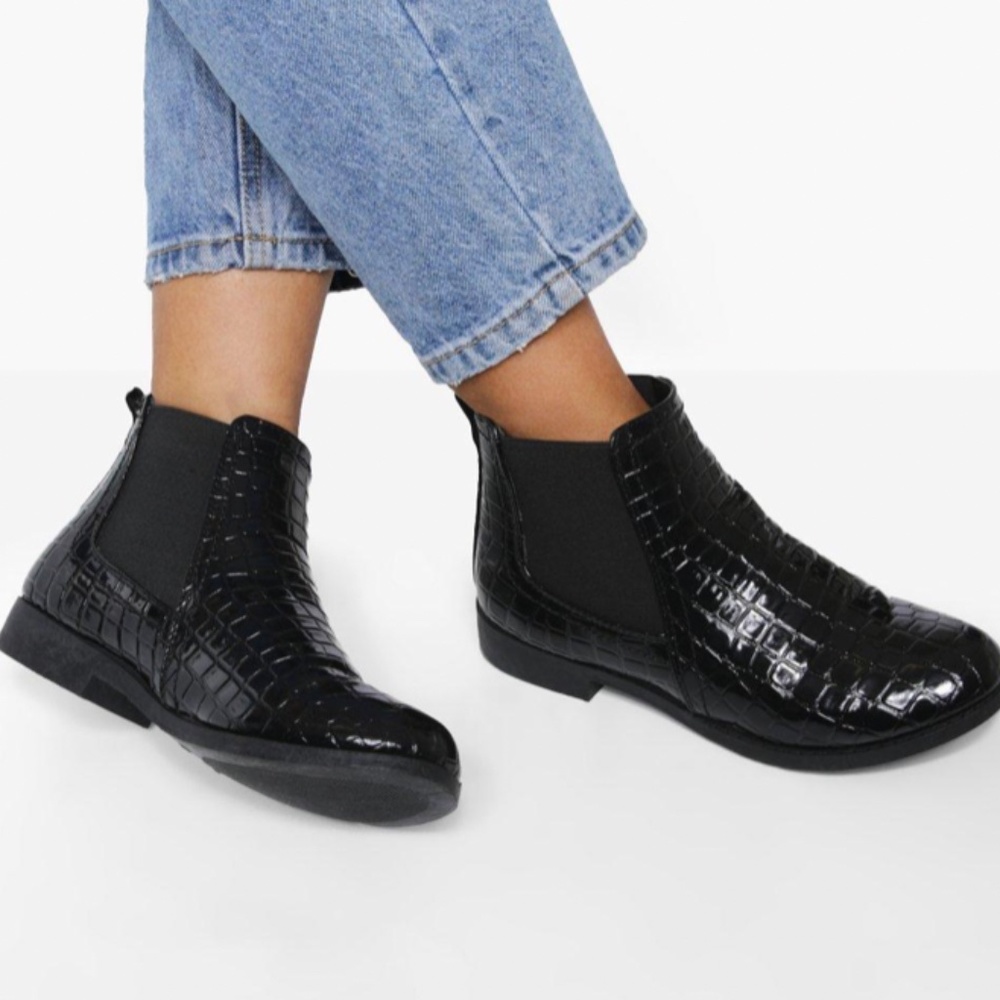 Black Patent Croc Chelsea Boots